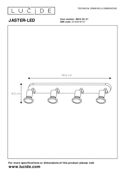 Lucide JASTER-LED - Plafondspot - LED - GU10 - 4x5W 2700K - Wit - technisch